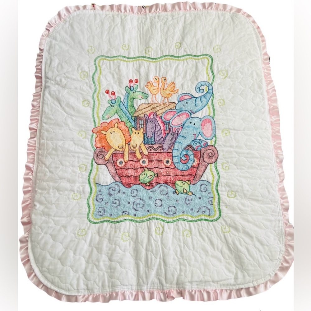 Vintage Noah’s Ark Quilt Comforter Blanket Nursery Bible Religious